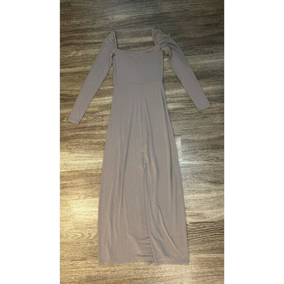 Aritzia Wilfred Chablis Maxi Long Sleeve Jersey Dress Slit Taupe Size XS - Picture 4 of 10